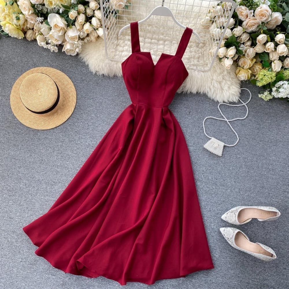 V-Neck Halter Retro Solid Color Waist Dress